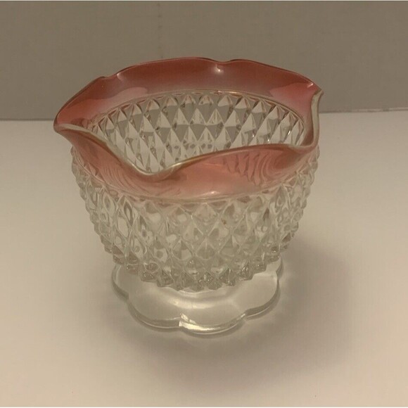 Vintage Pink Rim Crystal Cut Glass Bowl Set Scalloped Edge Pedestal Compote Dish - Picture 7 of 11